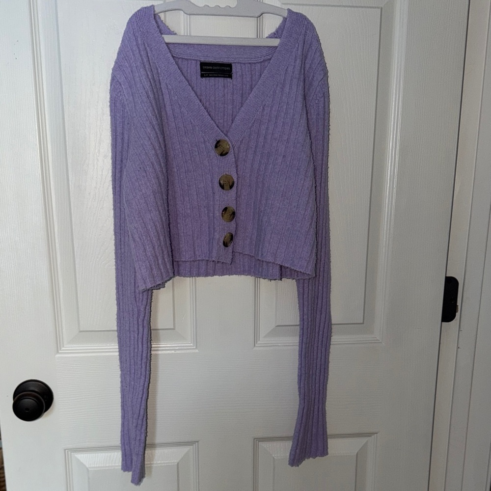 Urban Outfitters Cropped Purple V-Neck Button-Up Sweater